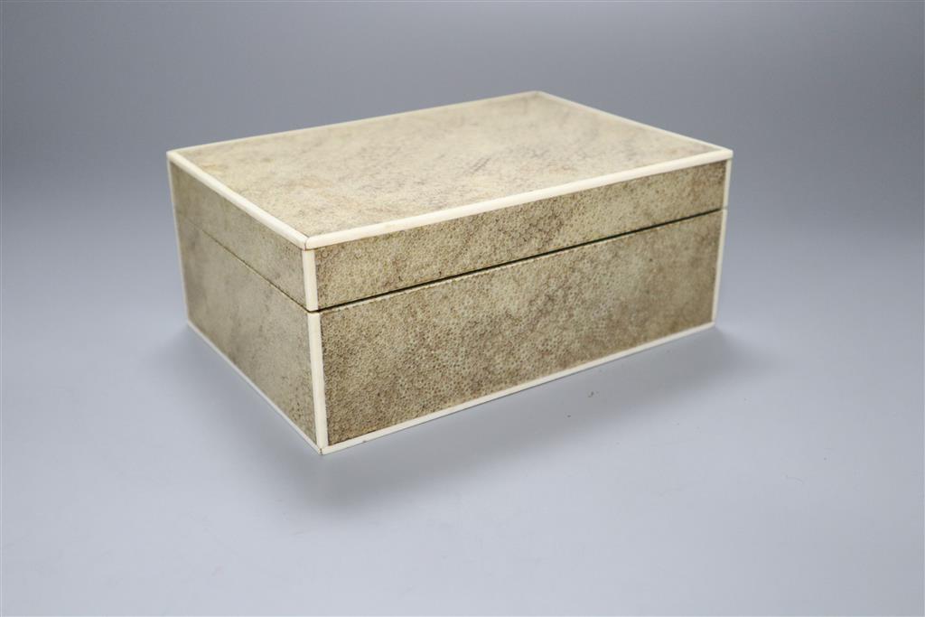 A shagreen and ivory cigarette box, width 18cm